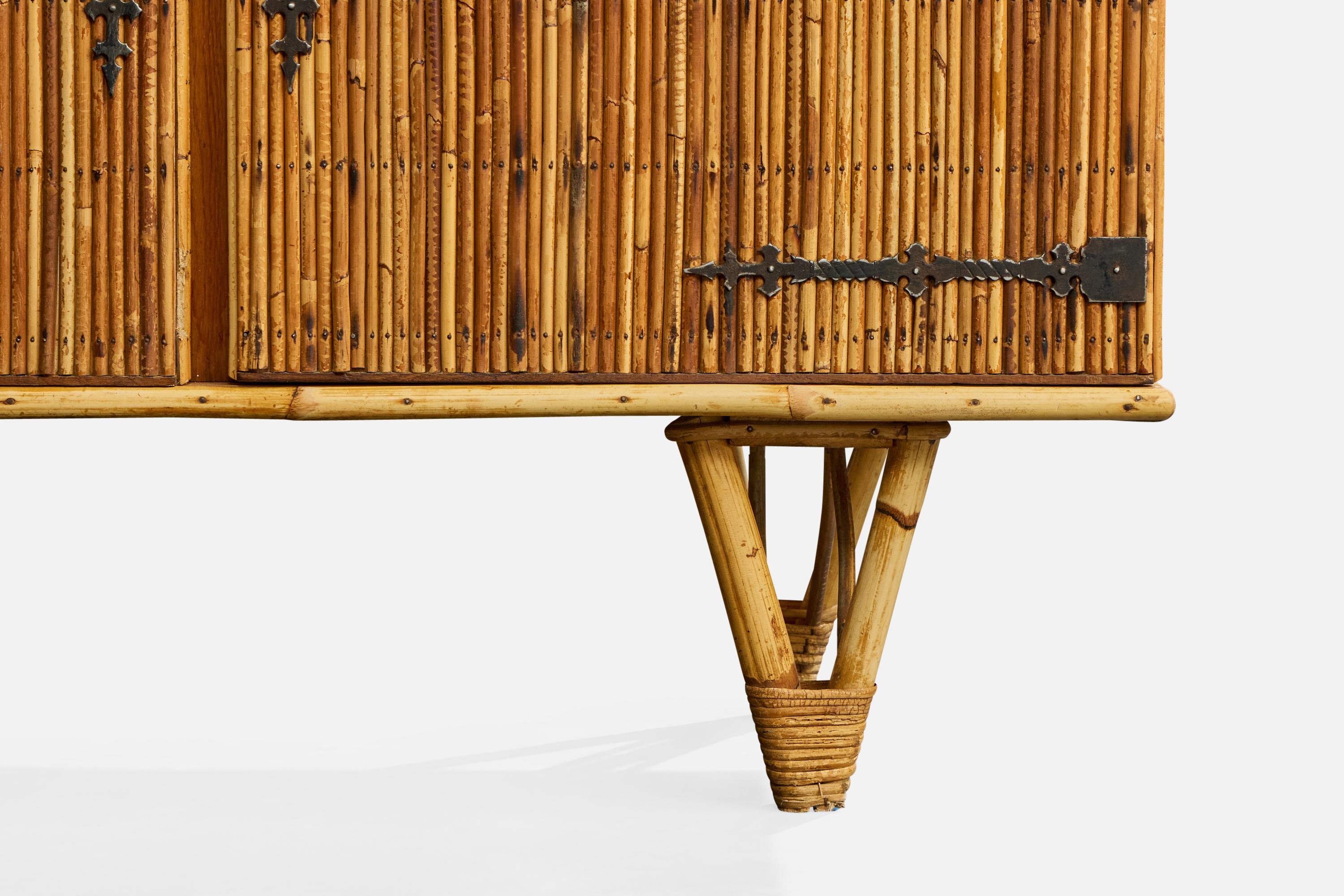 Mid-Century Modern French Designer, Sideboard, Bamboo, Rattan, Iron, France, 1950s en vente