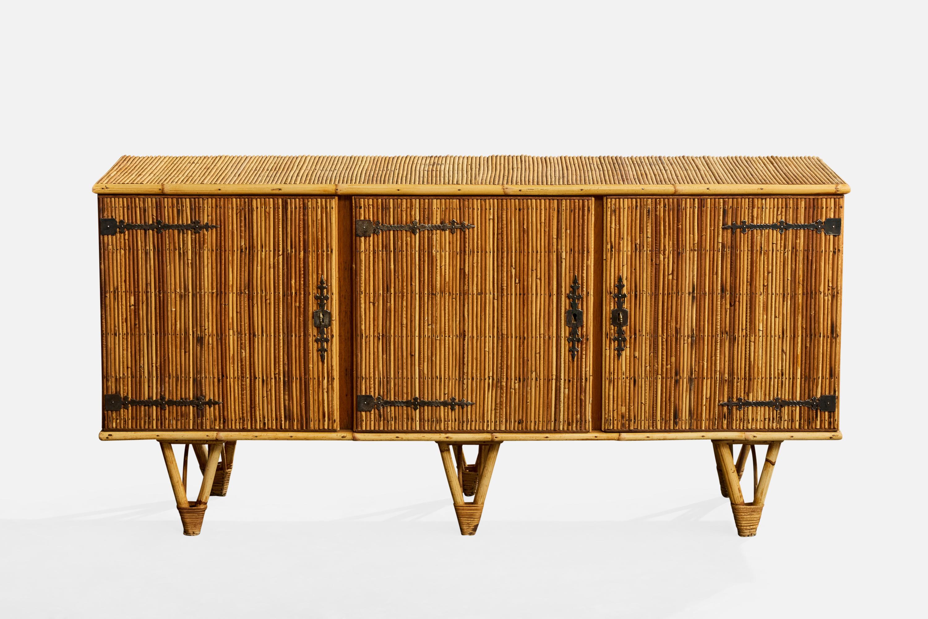 Français French Designer, Sideboard, Bamboo, Rattan, Iron, France, 1950s en vente