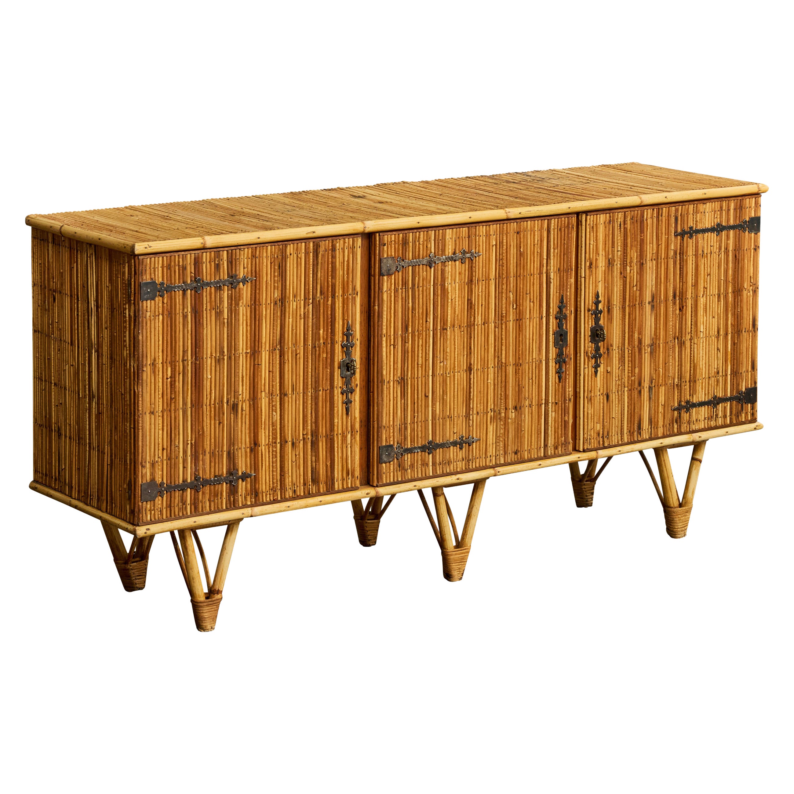 French Designer, Sideboard, Bamboo, Rattan, Iron, France, 1950s