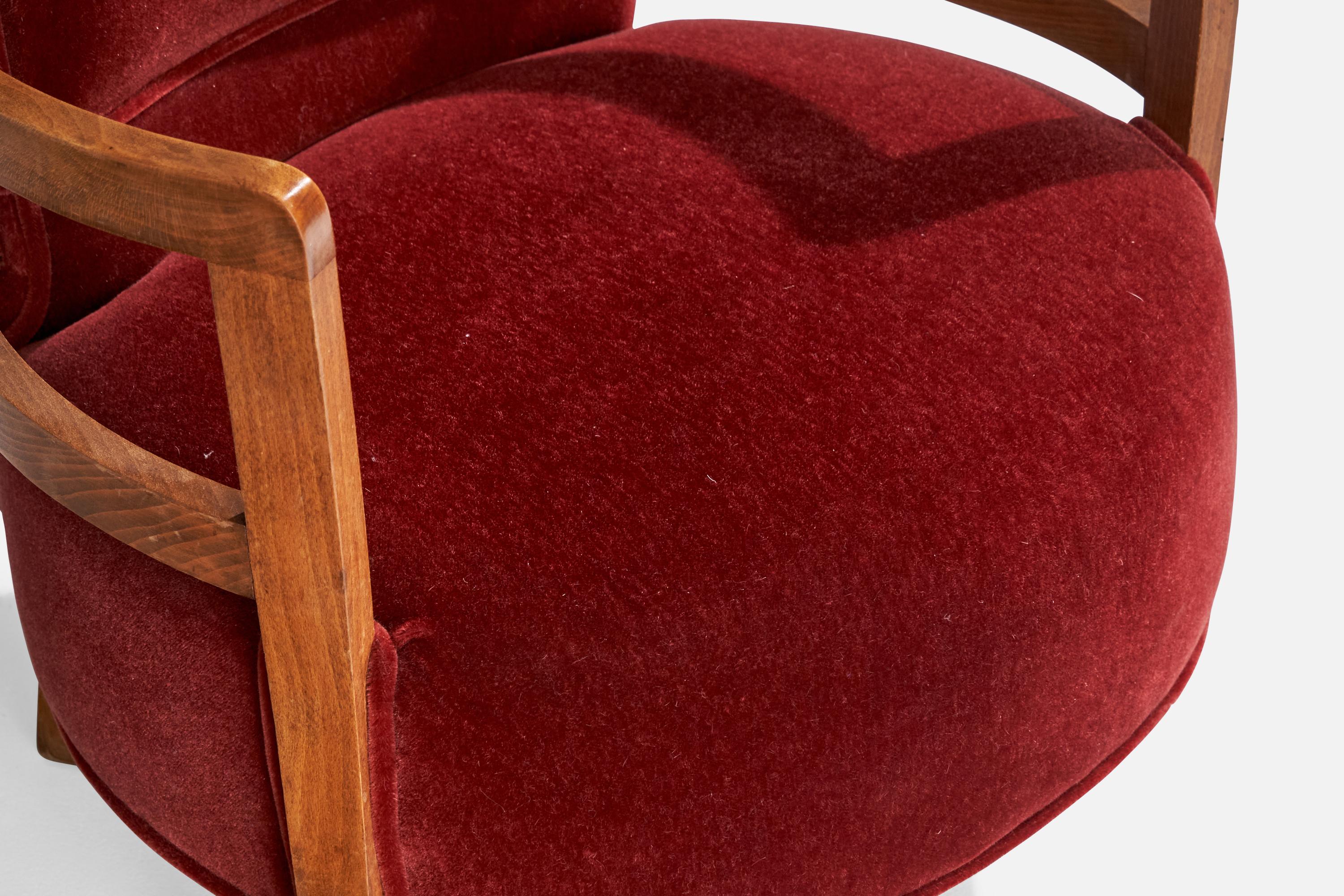 French Designer, Small Lounge Chairs, Oak, Velvet, France, 1930s 5