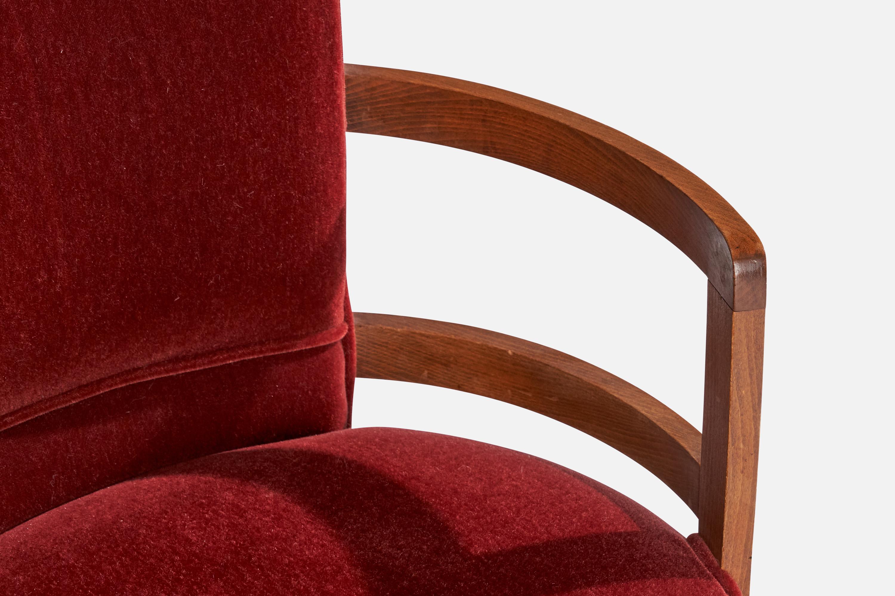 French Designer, Small Lounge Chairs, Oak, Velvet, France, 1930s 6