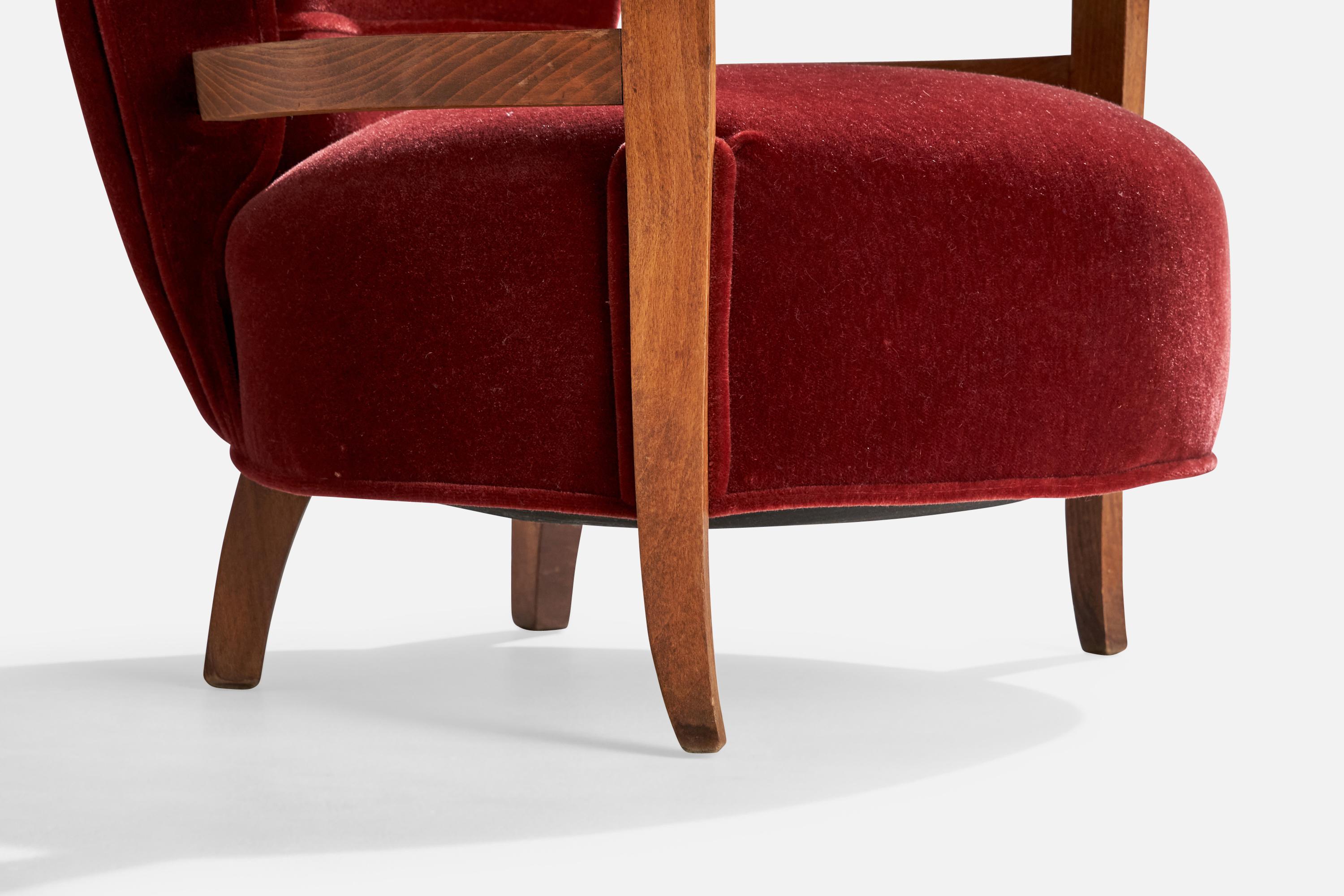 French Designer, Small Lounge Chairs, Oak, Velvet, France, 1930s 7