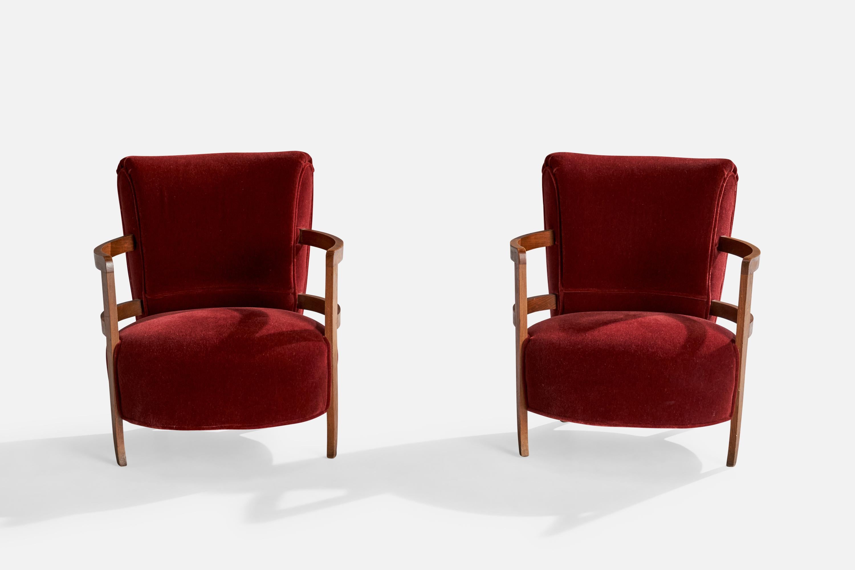 Art Deco French Designer, Small Lounge Chairs, Oak, Velvet, France, 1930s