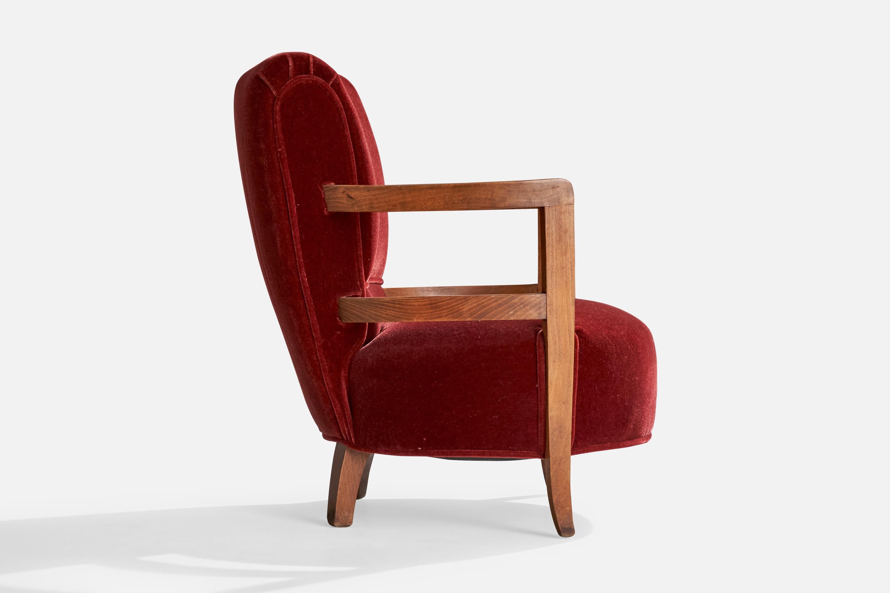 French Designer, Small Lounge Chairs, Oak, Velvet, France, 1930s 2