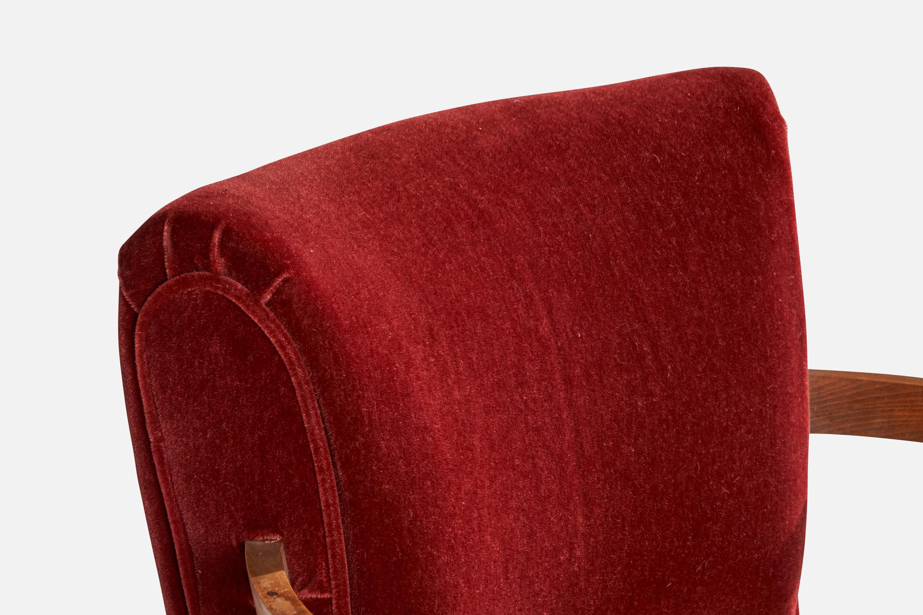 French Designer, Small Lounge Chairs, Oak, Velvet, France, 1930s 4