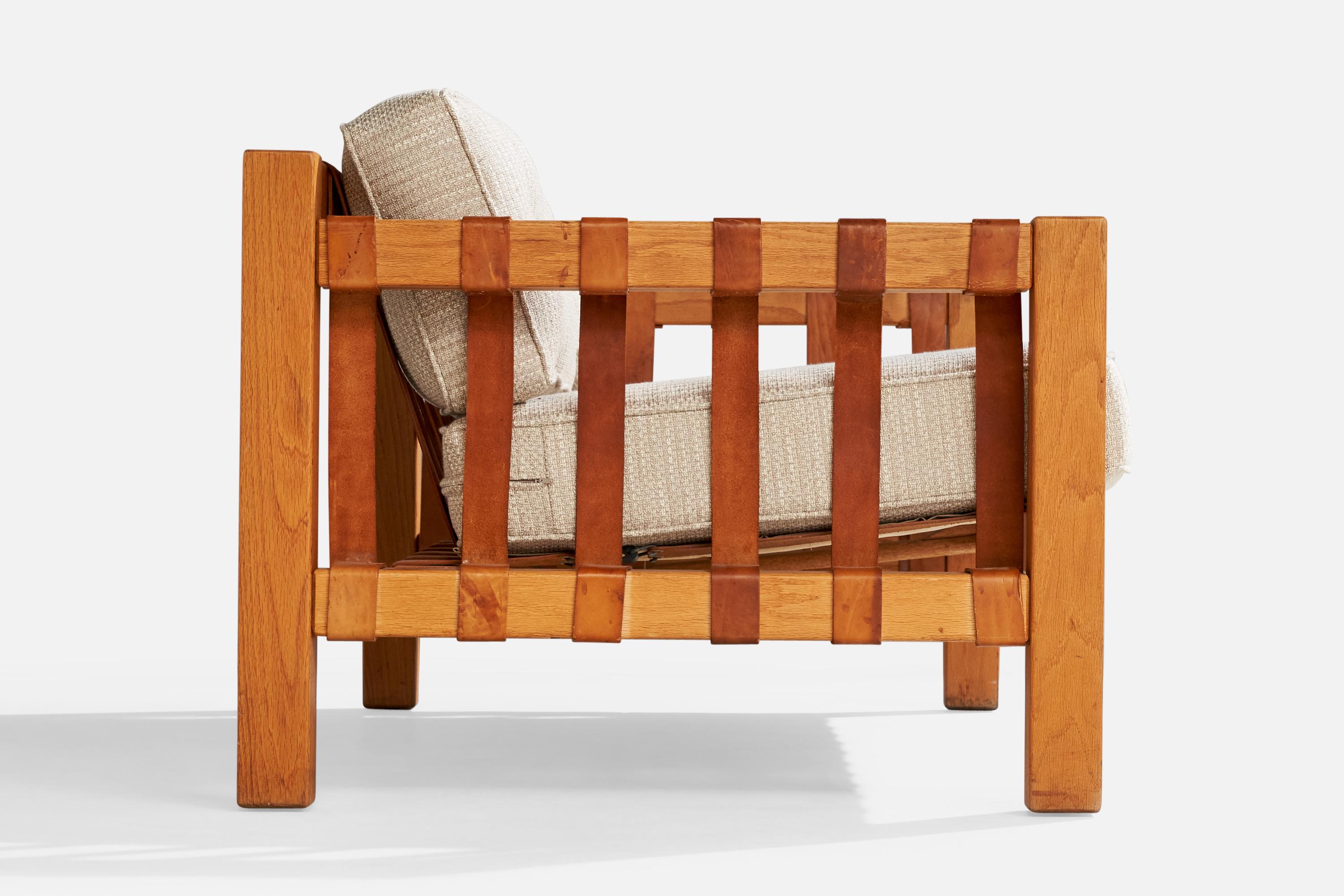 Designer français, Canapé, chêne, cuir, tissu, France, 1970 en vente 6