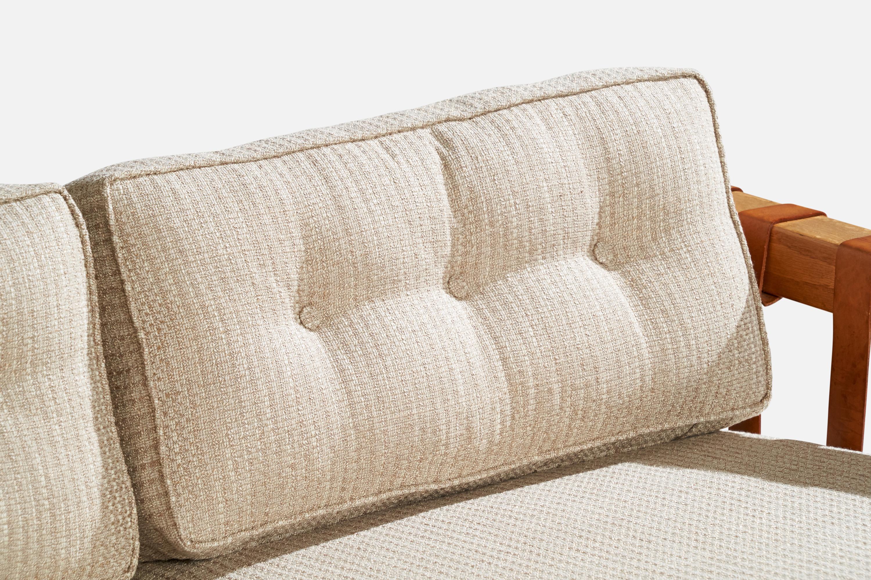 Designer français, Canapé, chêne, cuir, tissu, France, 1970 en vente 9