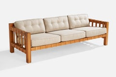French Designer, Sofa, Oak, Leather, Fabric, France, 1970s