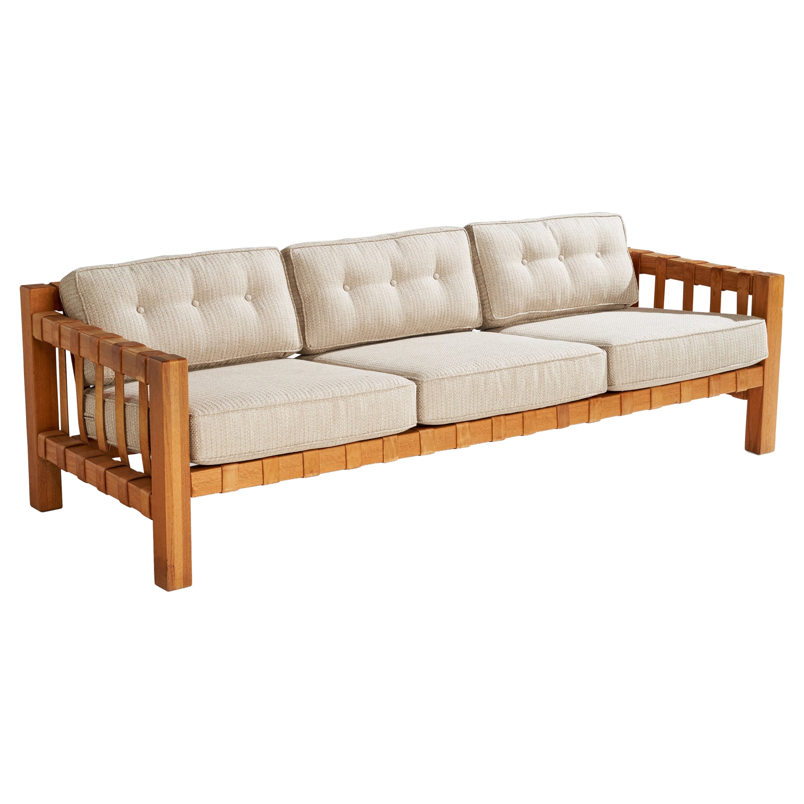 French Designer, Sofa, Oak, Leather, Fabric, France, 1970s