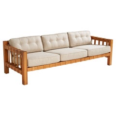 French Designer, Sofa, Oak, Leather, Fabric, France, 1970s