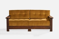 French Designer, Sofa, Oak, Velvet, France, 1940s