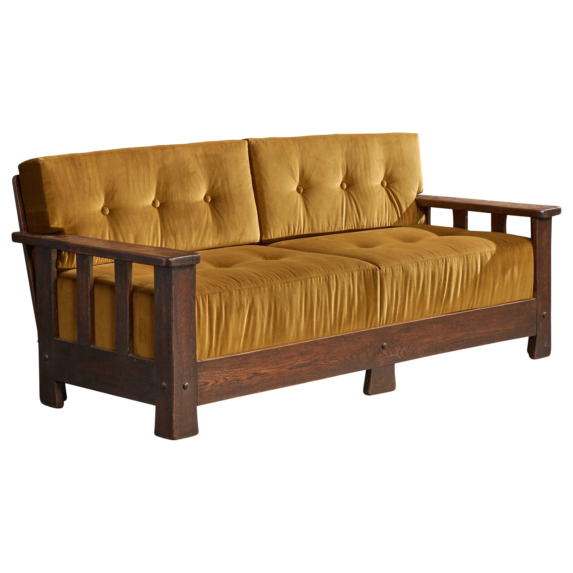 French Designer, Sofa, Oak, Velvet, France, 1940s