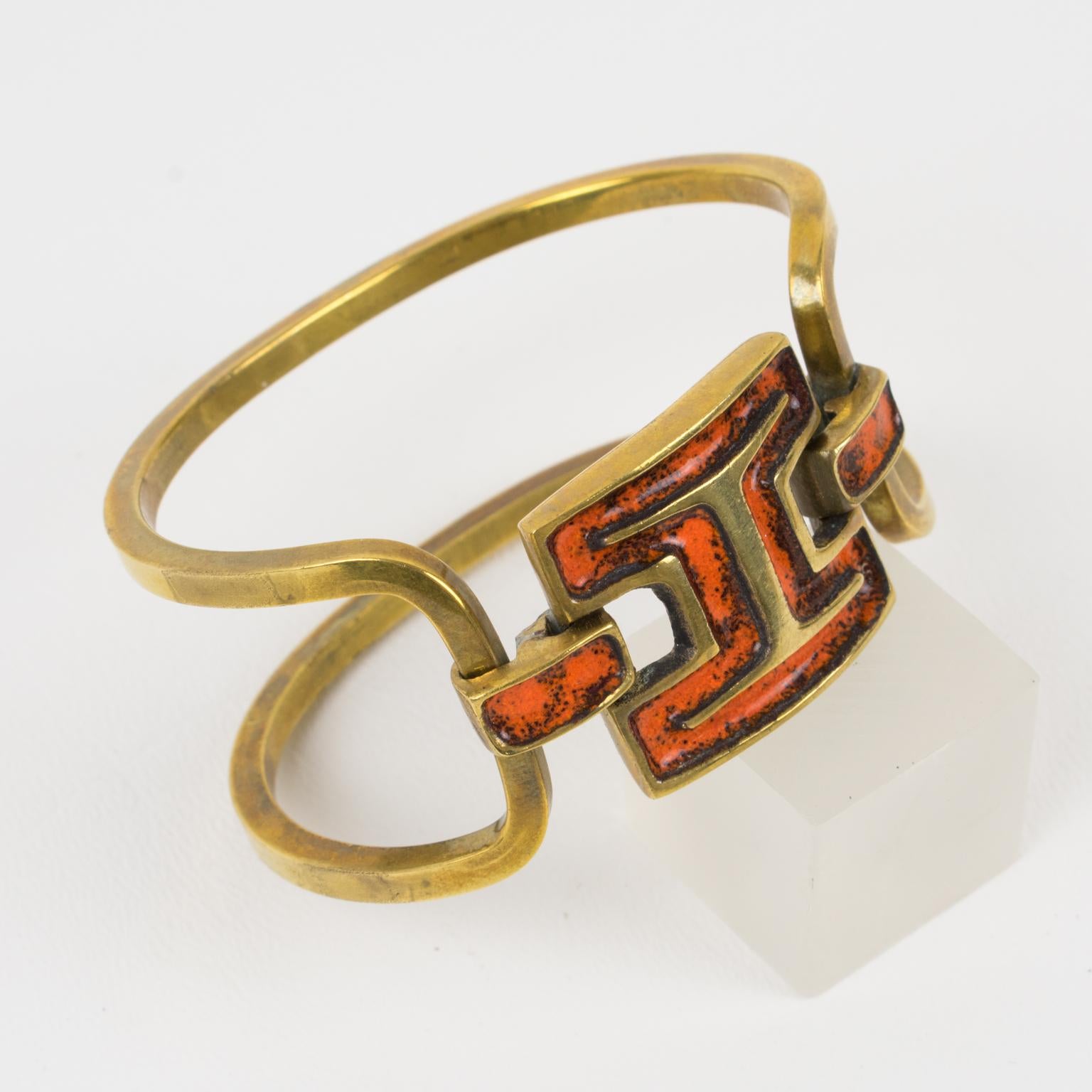French Designer St Luc Modernist Bronze and Orange Enamel Clamper Bracelet In Good Condition For Sale In Atlanta, GA