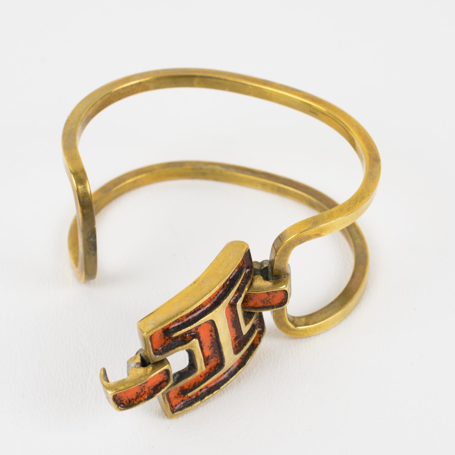 Women's or Men's French Designer St Luc Modernist Bronze and Orange Enamel Clamper Bracelet For Sale