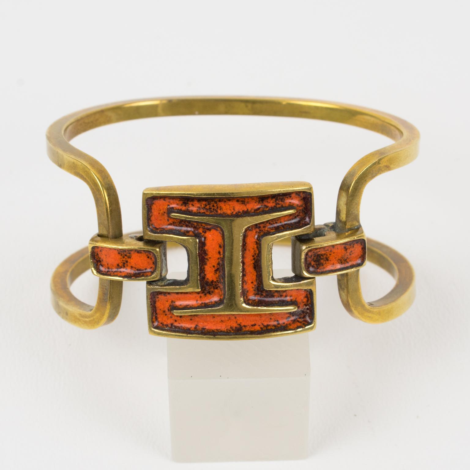 French Designer St Luc Modernist Bronze and Orange Enamel Clamper Bracelet For Sale 1