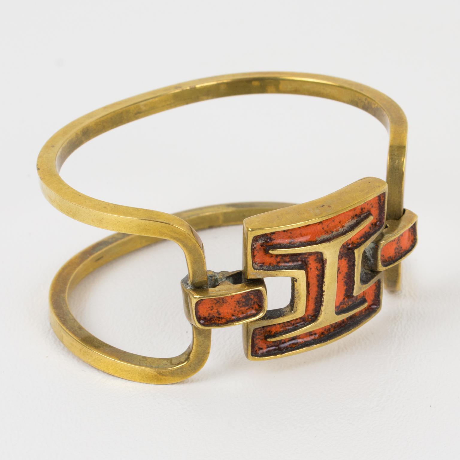 French Designer St Luc Modernist Bronze and Orange Enamel Clamper Bracelet For Sale 4