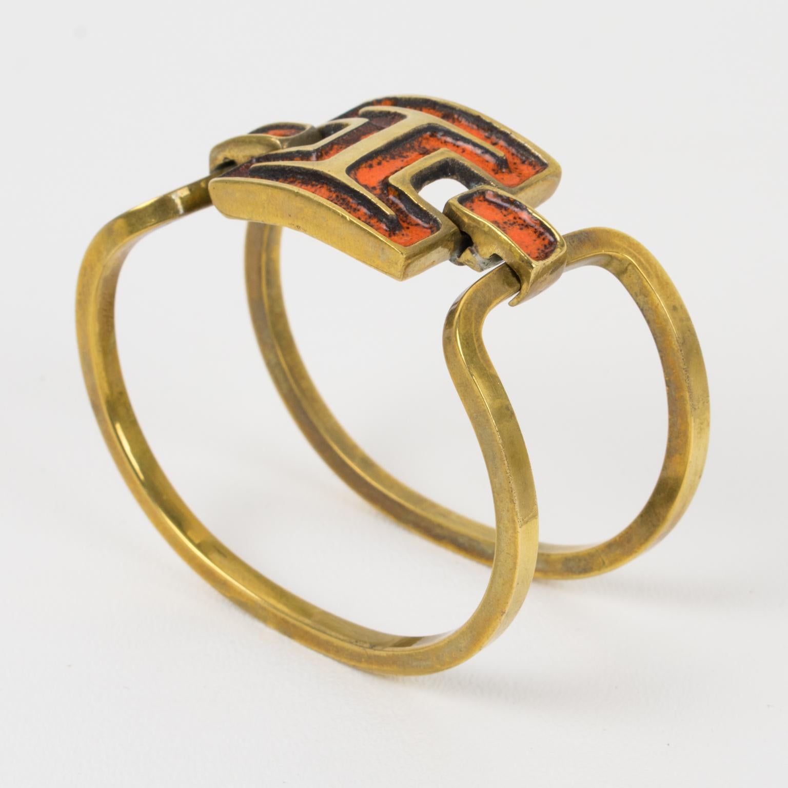French Designer St Luc Modernist Bronze and Orange Enamel Clamper Bracelet For Sale 5