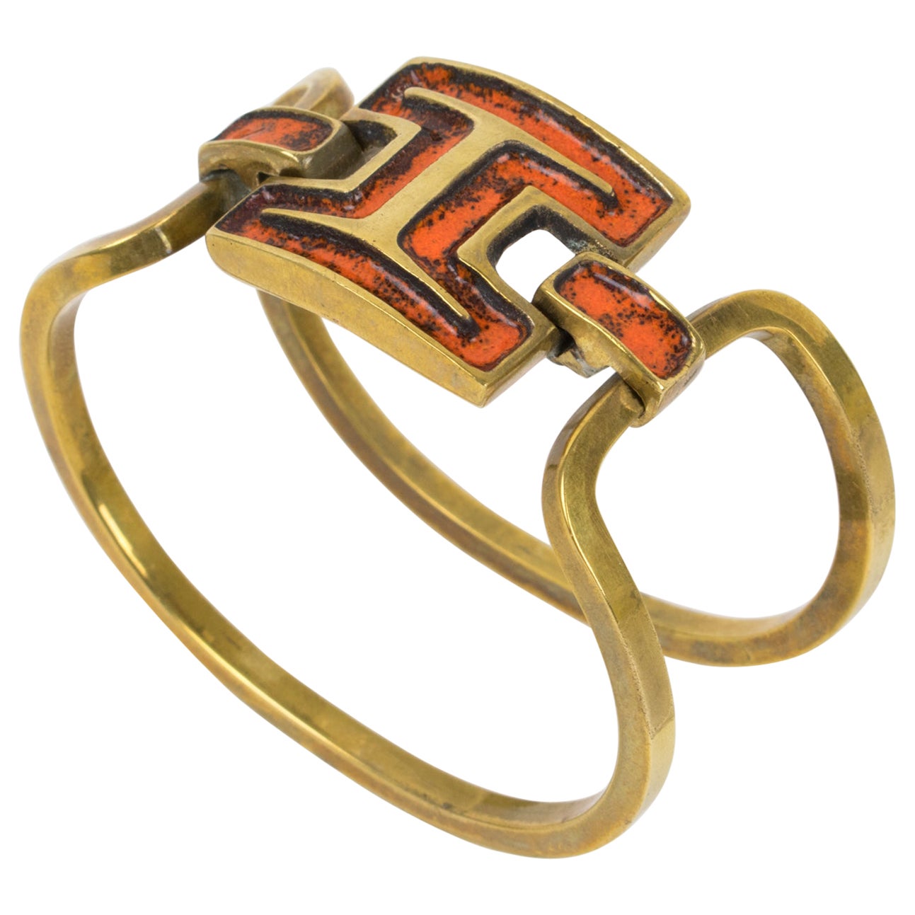 Bracelet à pinces moderniste en bronze et émail orange du designer français St Luc en vente