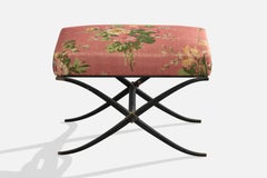 Französischer Designer, Hocker, Metall, Stoff, Frankreich, 1950er Jahre