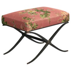 Französischer Designer, Hocker, Metall, Stoff, Frankreich, 1950er Jahre