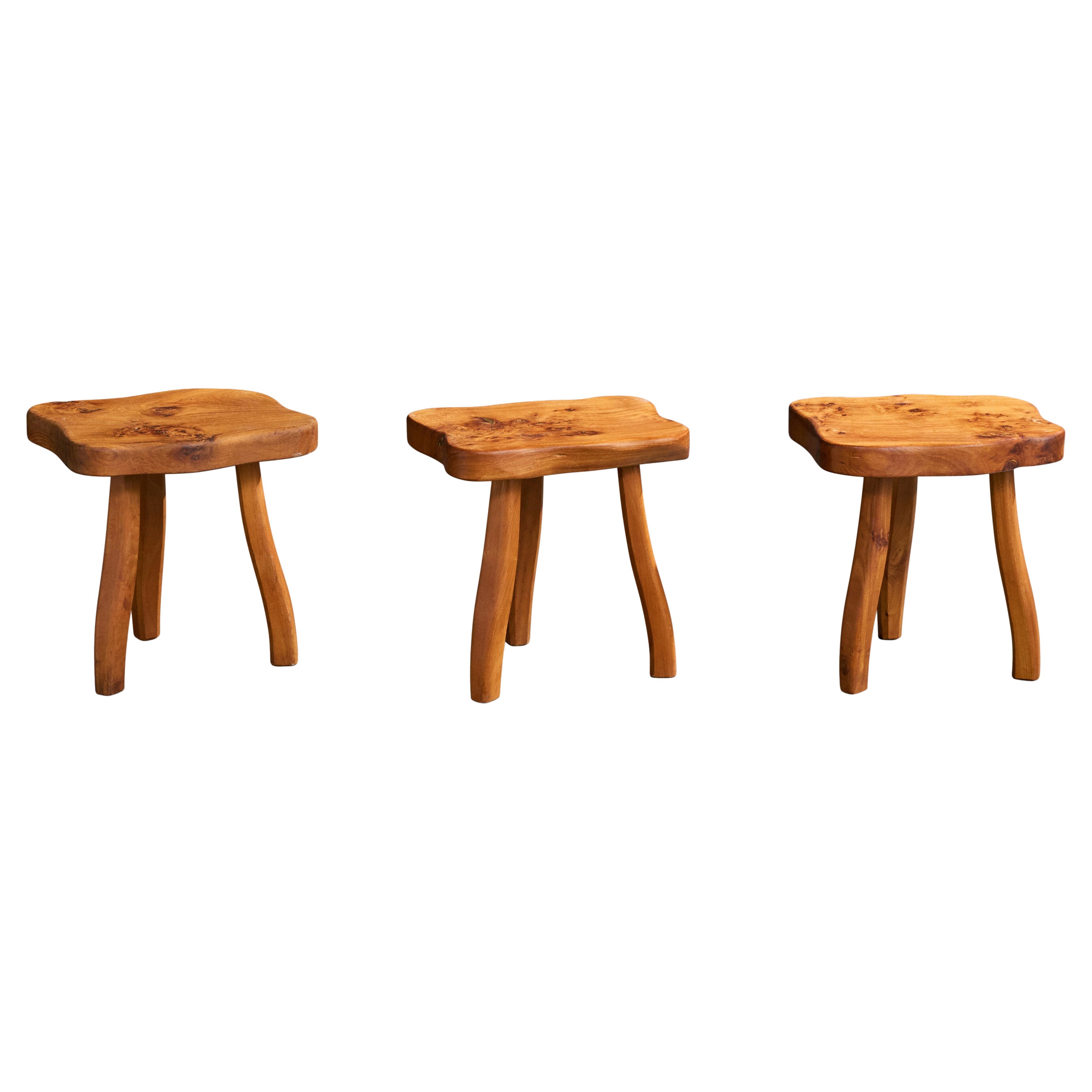 French Designer, Stools, Elm, France, 1960s