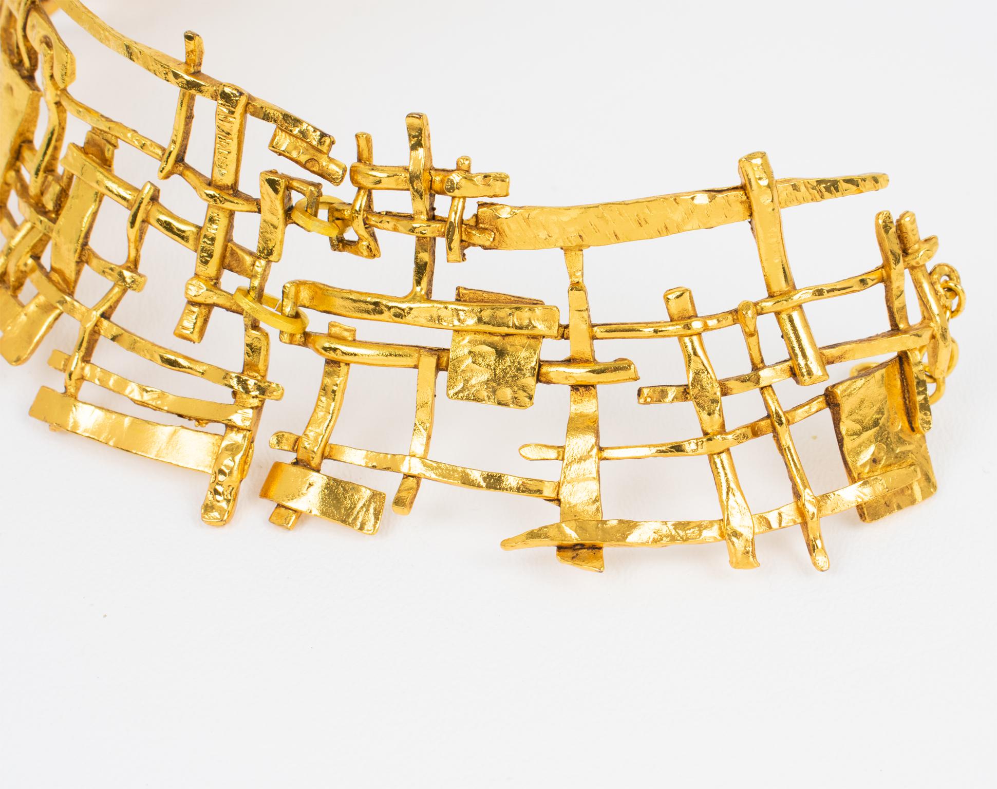 French Designer Studio Massive Brutalist Gilt Metal Necklace For Sale 6