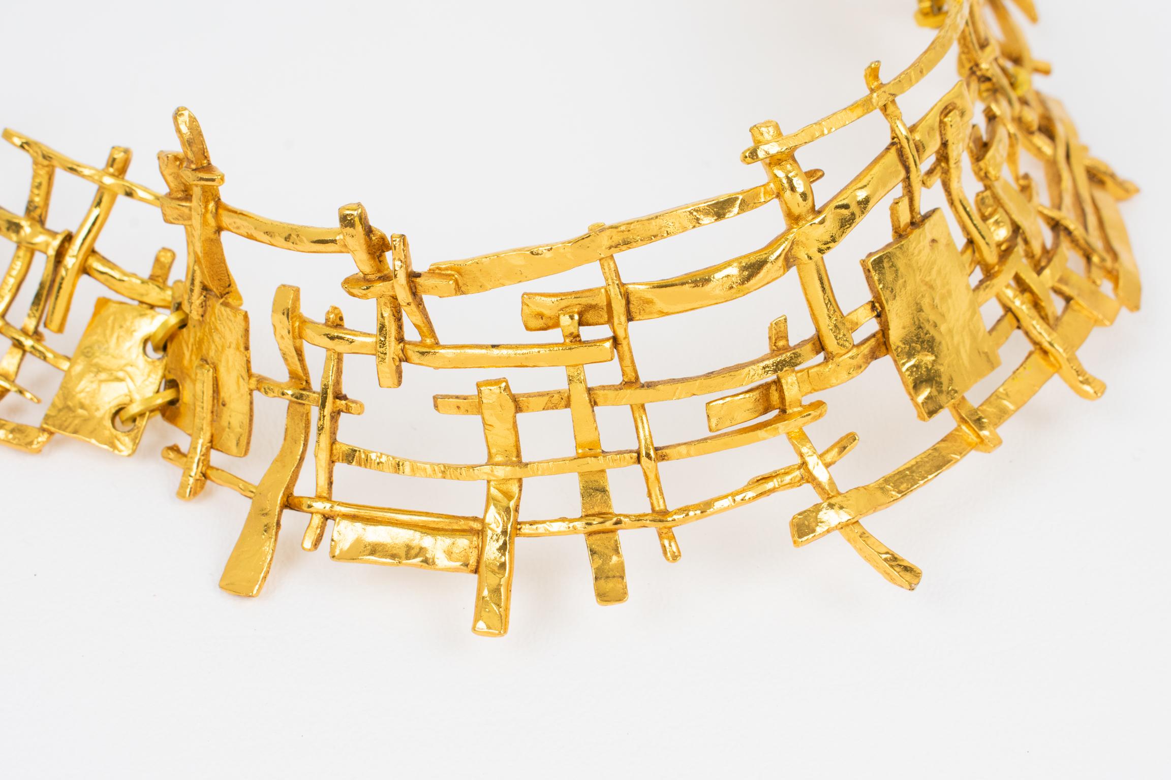 French Designer Studio Massive Brutalist Gilt Metal Necklace For Sale 8