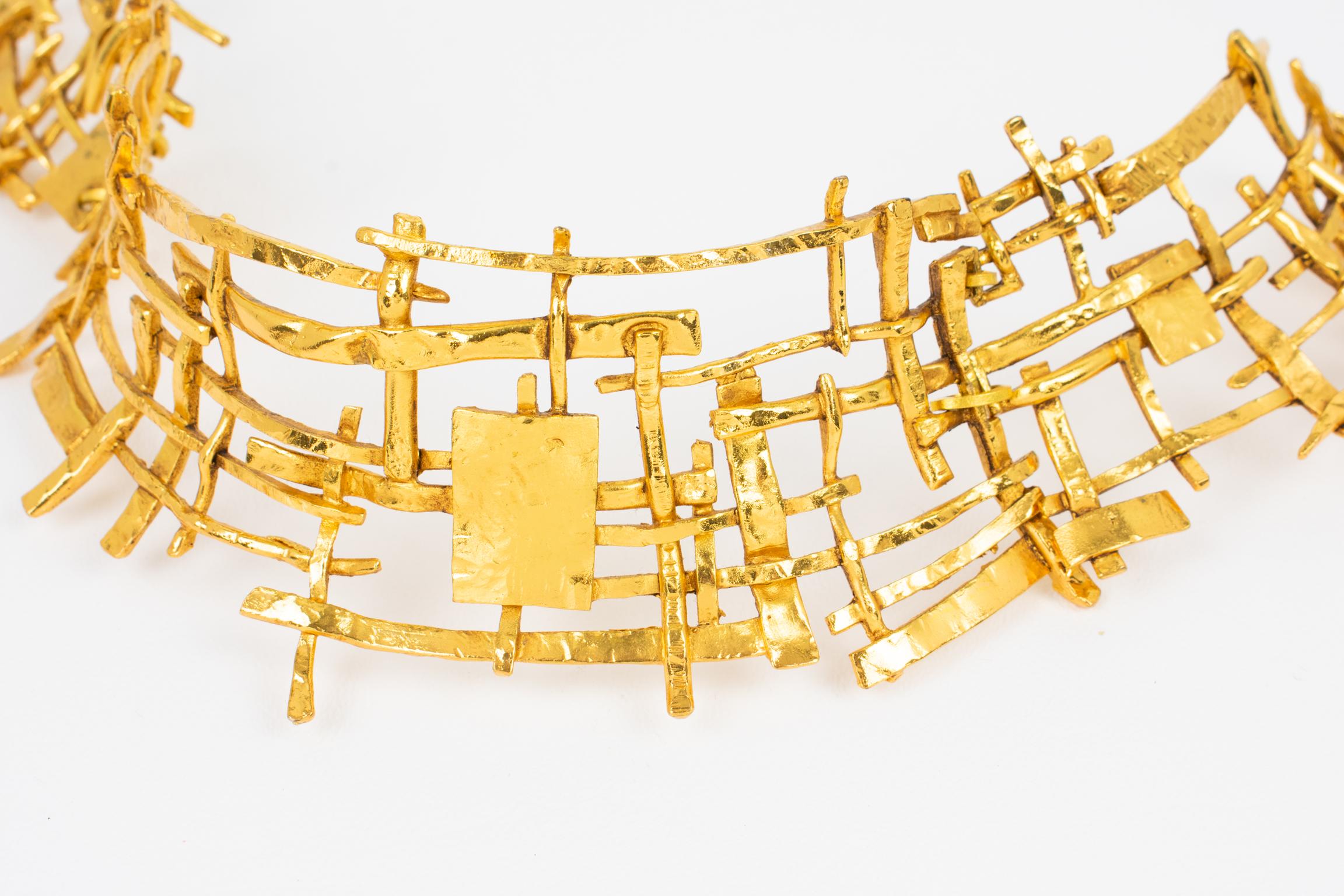 French Designer Studio Massive Brutalist Gilt Metal Necklace For Sale 9
