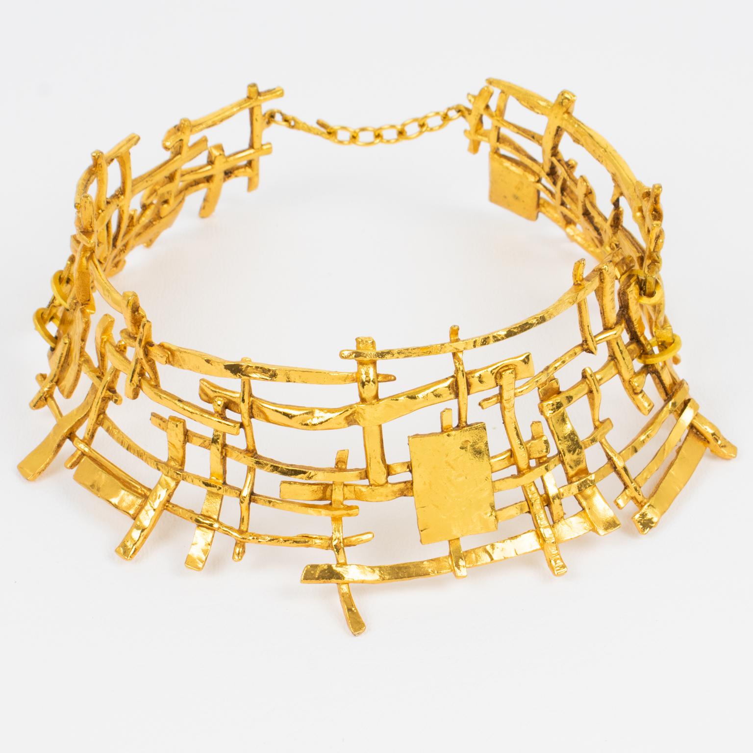 Women's or Men's French Designer Studio Massive Brutalist Gilt Metal Necklace For Sale