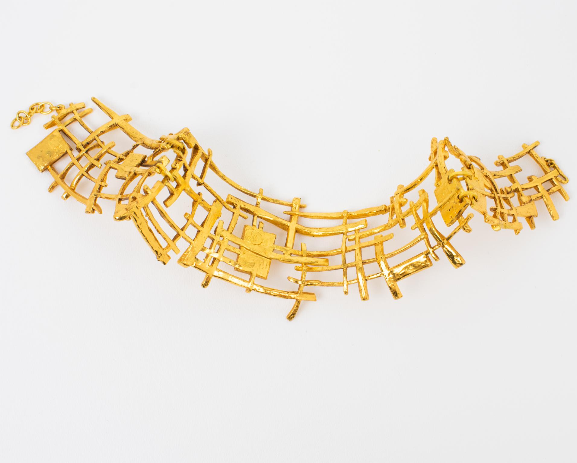 French Designer Studio Massive Brutalist Gilt Metal Necklace For Sale 3