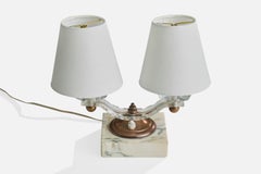 Französischer Designer, Tischlampe, Acryl, Kupfer, Marmor, Stoff, Frankreich, 1950er Jahre