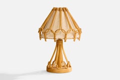 French Designer, Table Lamp, Bamboo, Rattan, Fabric, France, 1970s