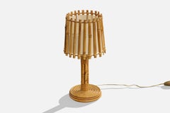 French Designer, Table Lamp, Bamboo, Rattan, Fabric, France, 1970s