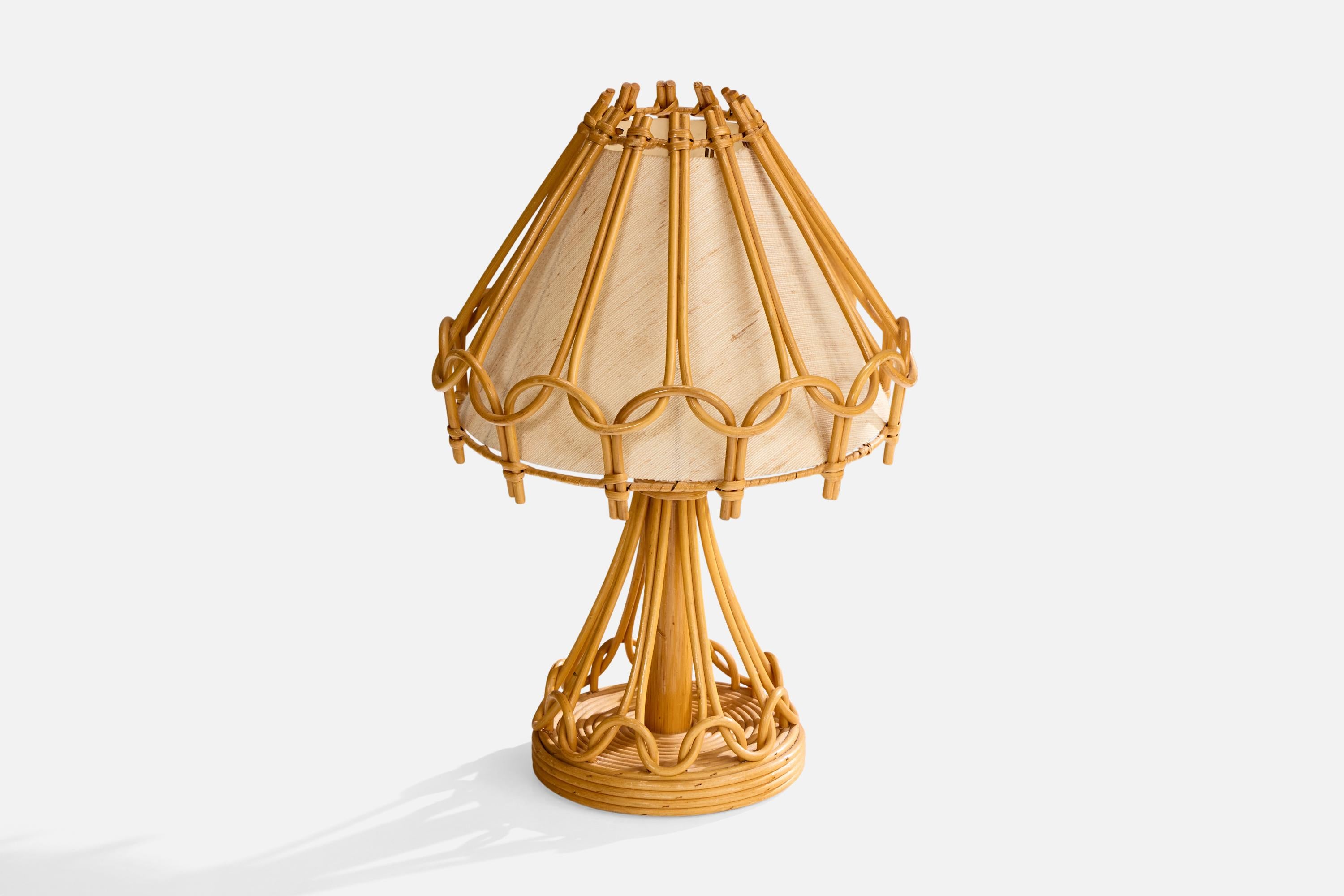 Mid-Century moderno Lampada da tavolo di design francese, bambù, rattan, tessuto, Francia, anni '70 in vendita