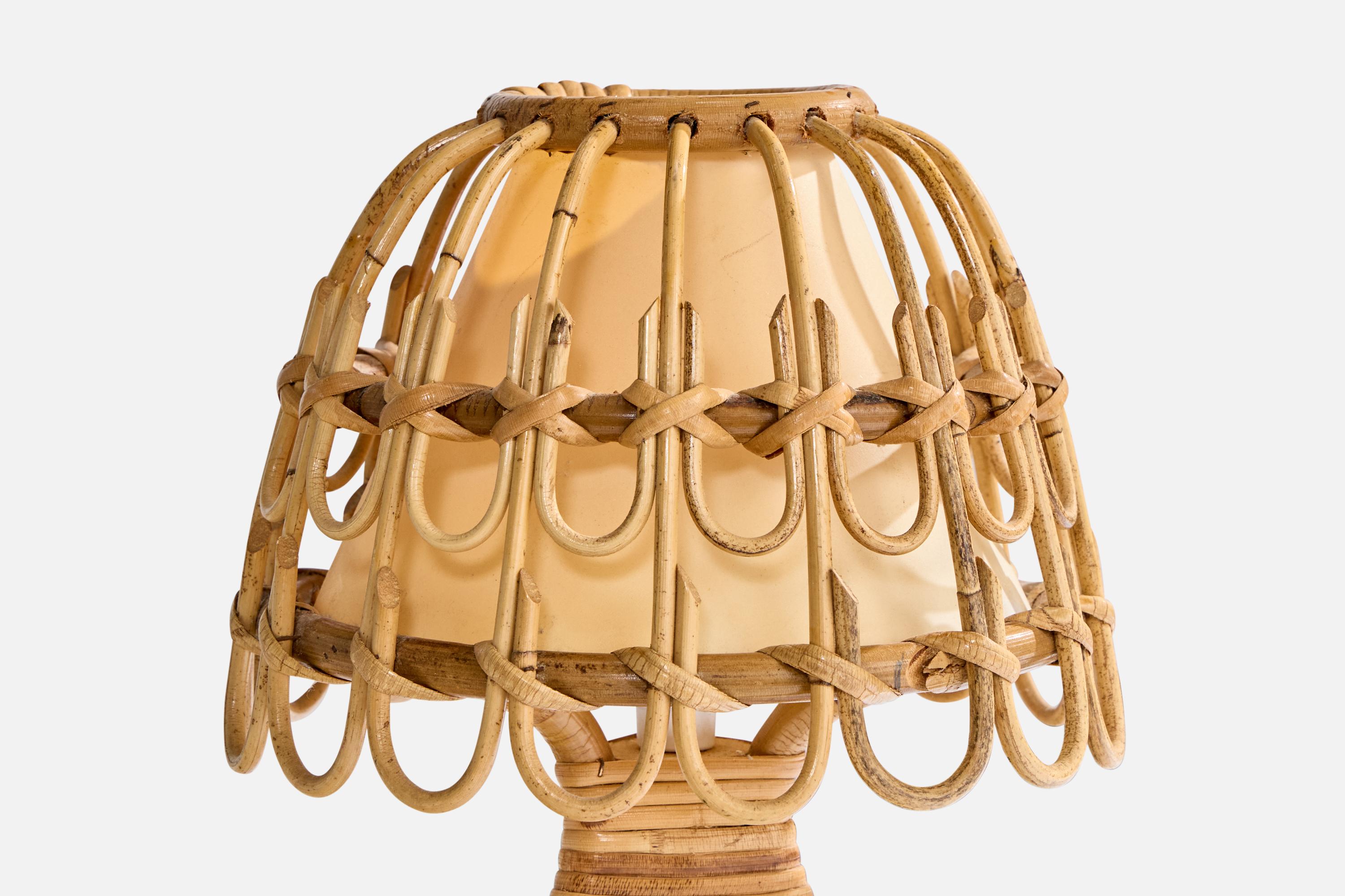 Francese Lampada da tavolo di design francese, bambù, rattan, tessuto, Francia, anni '70 in vendita