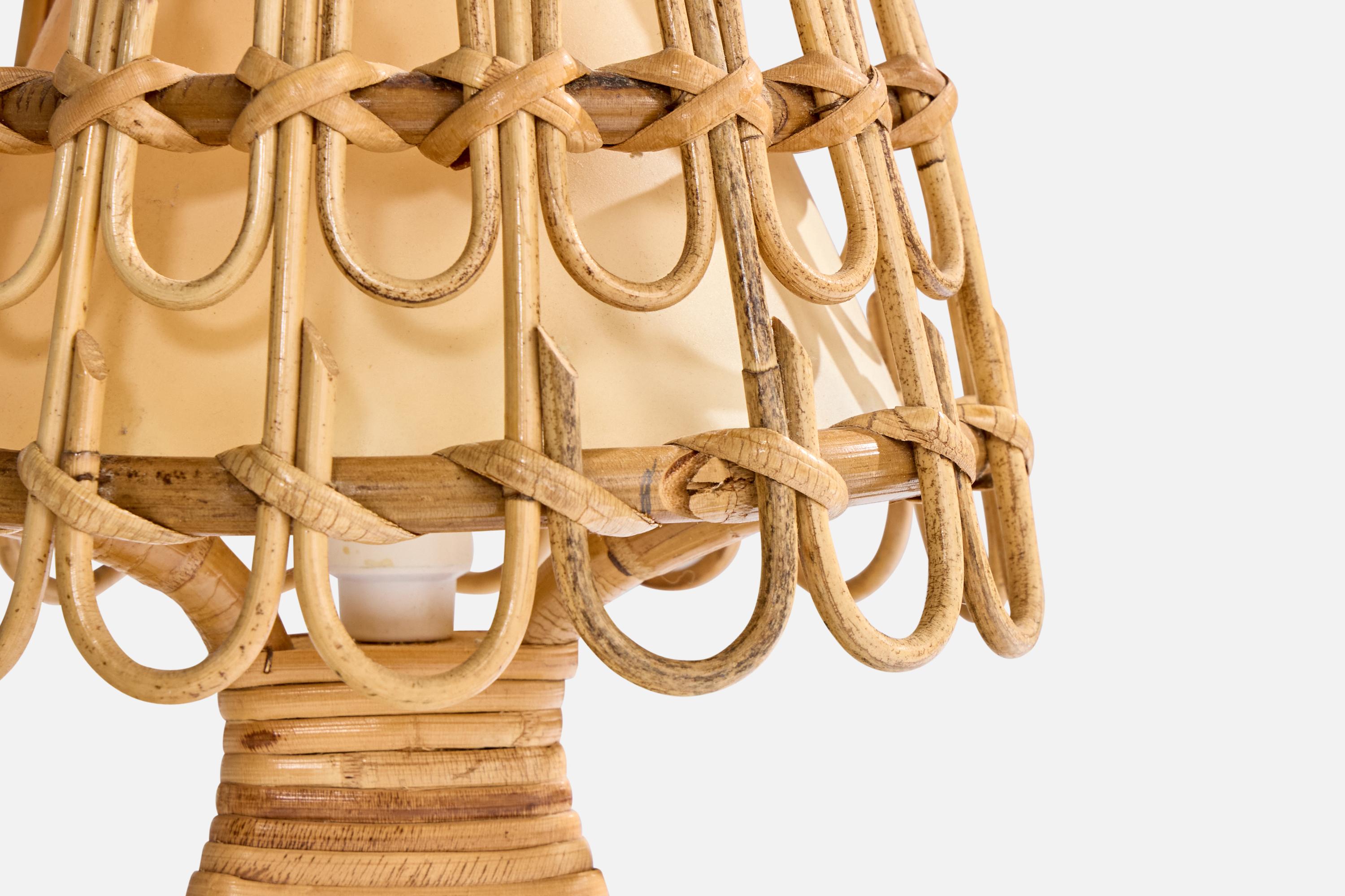 Fine XX secolo Lampada da tavolo di design francese, bambù, rattan, tessuto, Francia, anni '70 in vendita