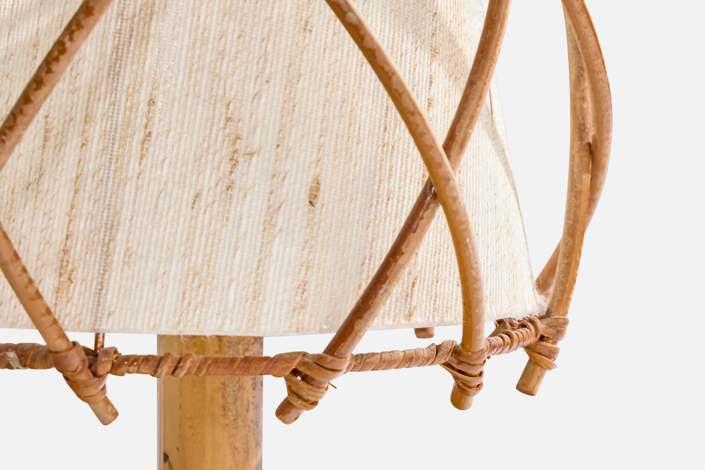 Fine XX secolo Lampada da tavolo di design francese, bambù, rattan, tessuto, Francia, anni '70 in vendita