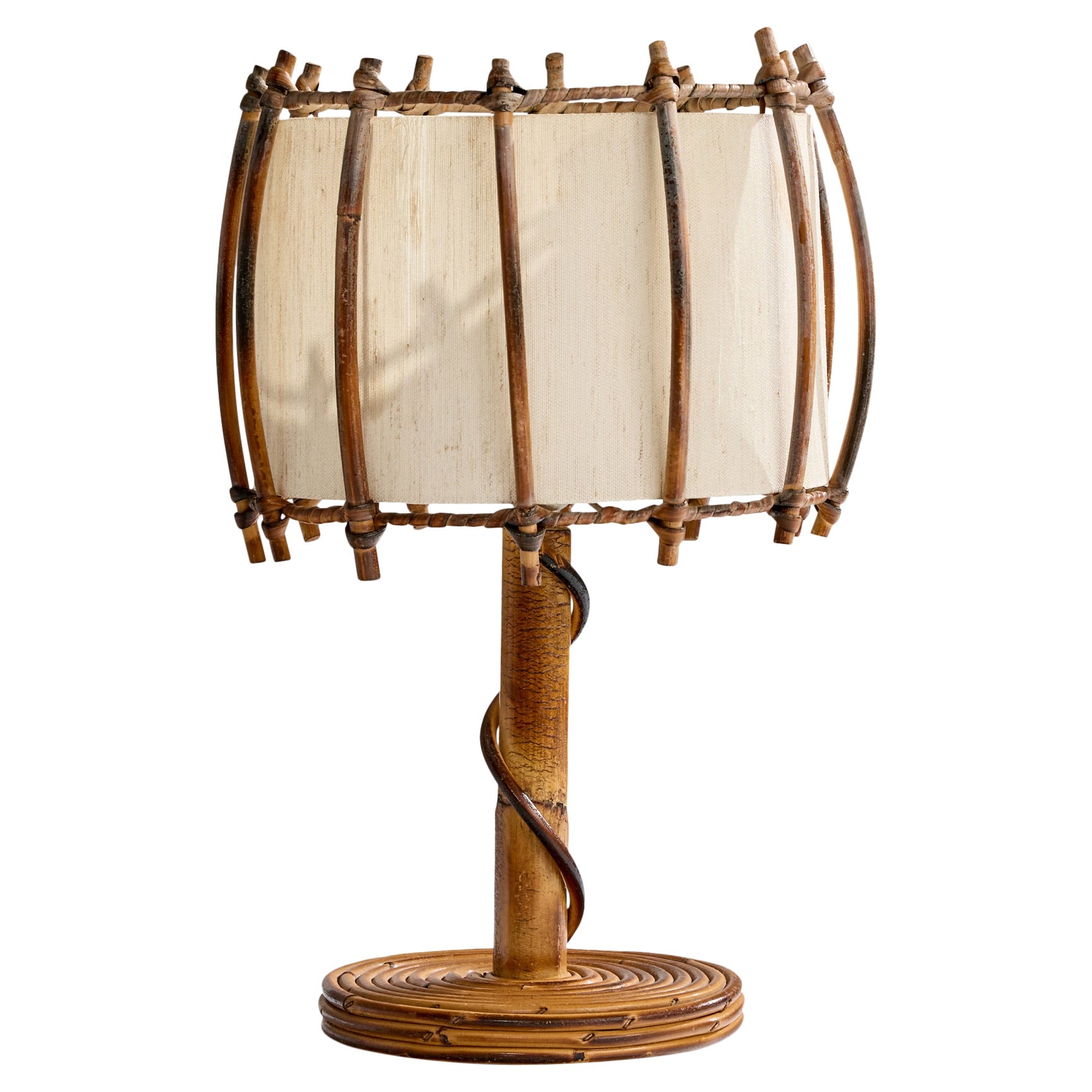 Diseñador francés, lámpara de mesa, bambú, ratán, tela, Francia, años 70 en venta