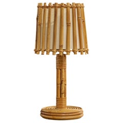 French Designer, Table Lamp, Bamboo, Rattan, Fabric, France, 1970s