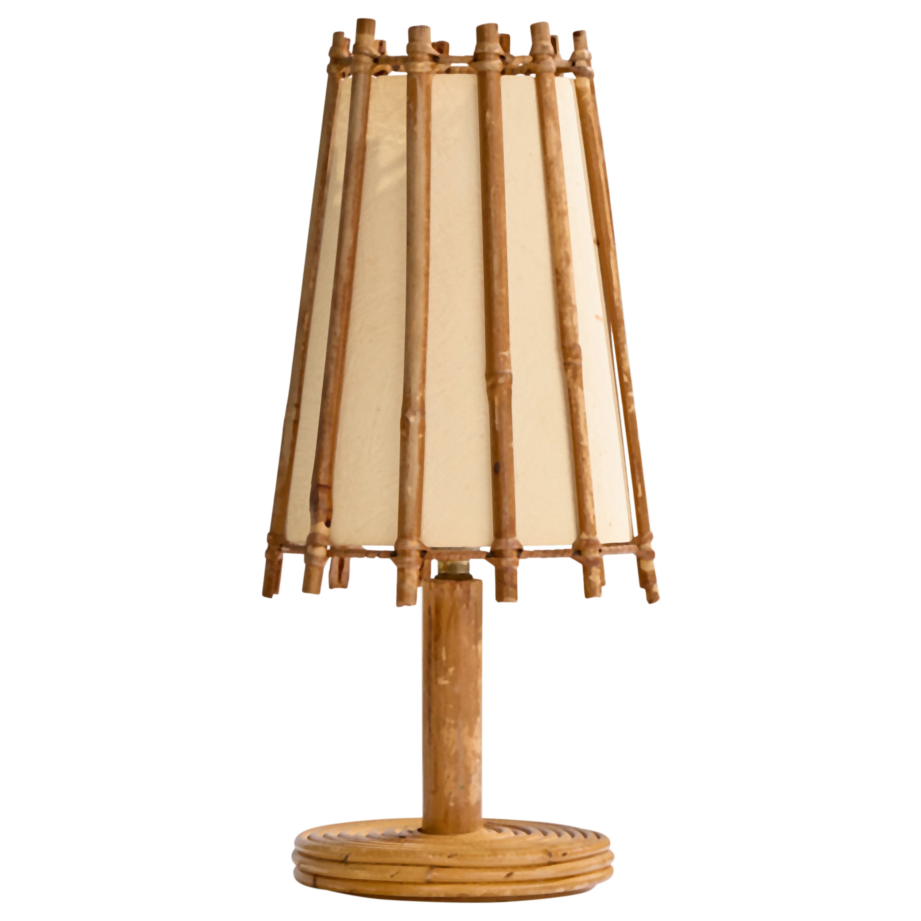 French Designer, Table Lamp, Bamboo, Rattan, Paper, France, 1970s