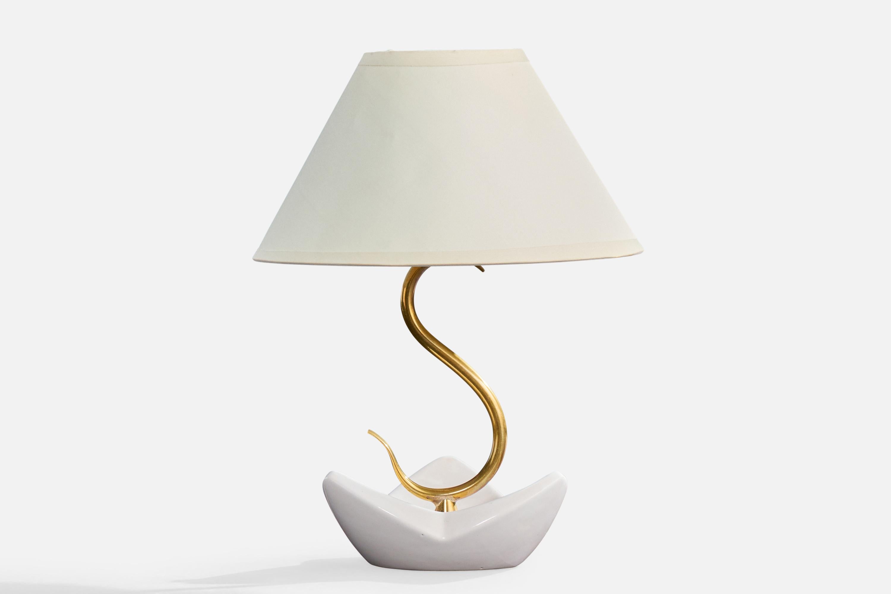 A brass, white-glazed ceramic and white fabric table lamp designed and produced in France, c. 1950s.

Dimensions of Lamp with Shade (inches): 10.25