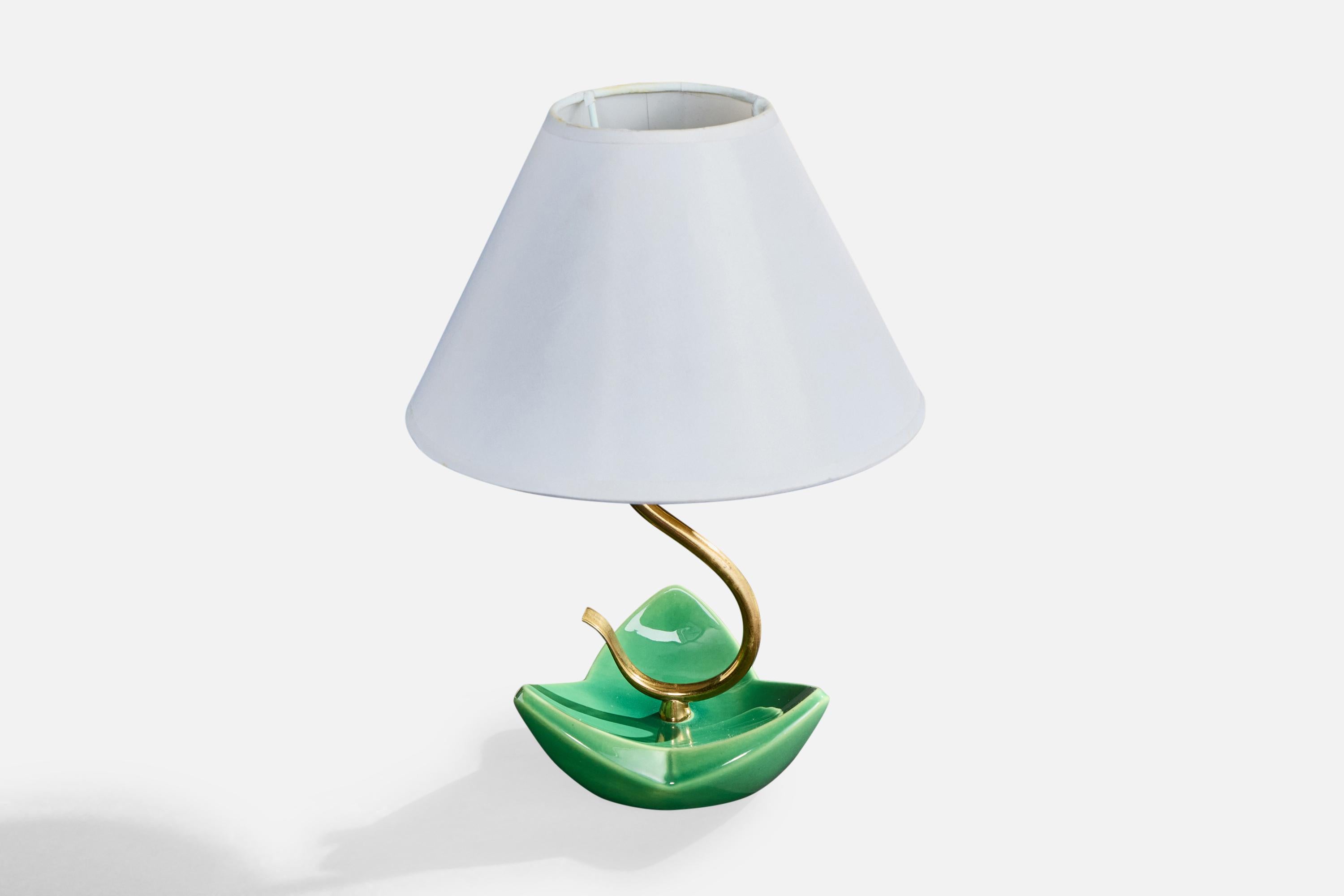 Französischer Designer, Tischlampe, Messing, Keramik, Stoff, Frankreich, 1950er Jahre im Zustand „Gut“ im Angebot in High Point, NC
