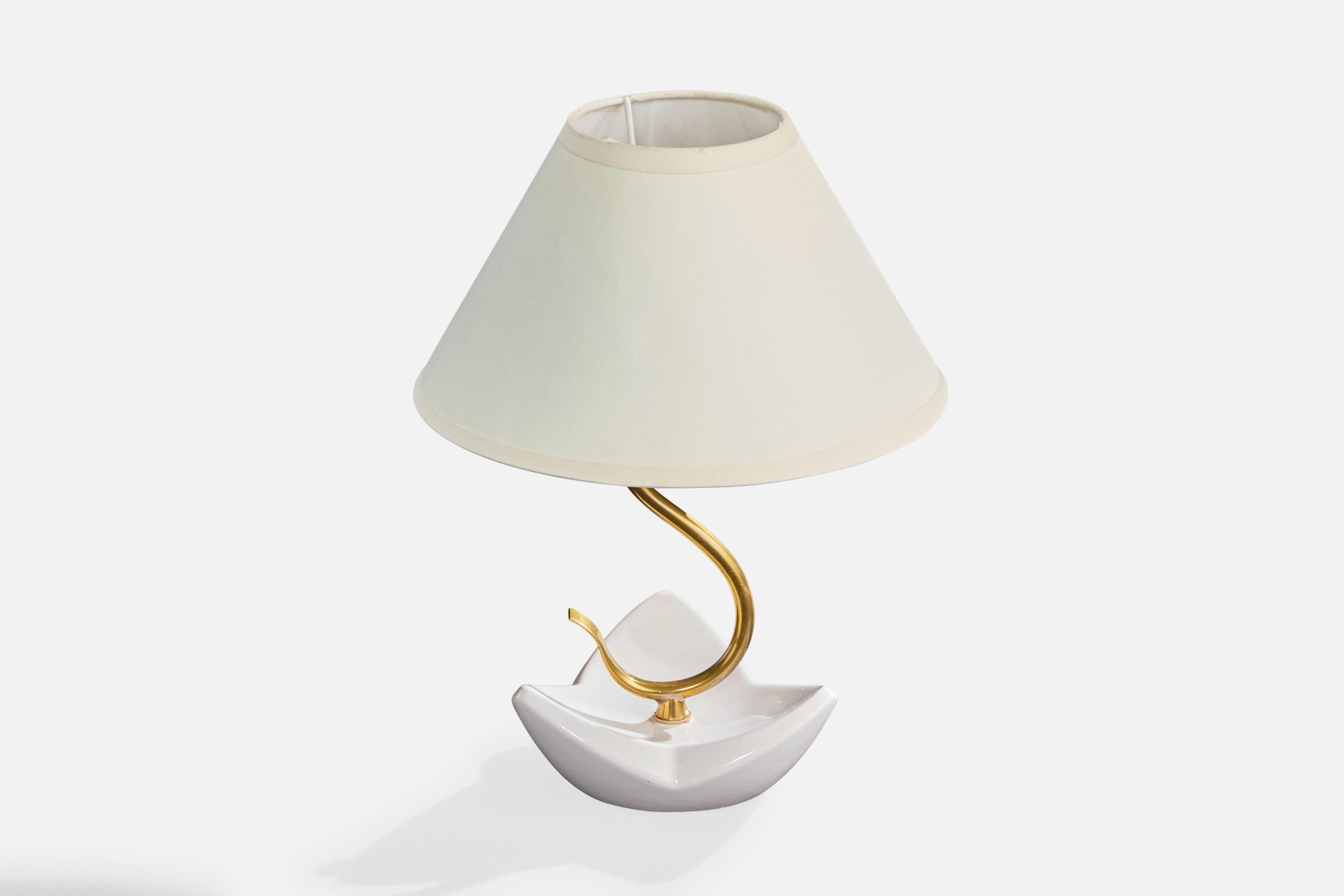 Mid-Century Modern French Designer, Table Lamp, Brass, Ceramic, Fabric, France, 1950s For Sale