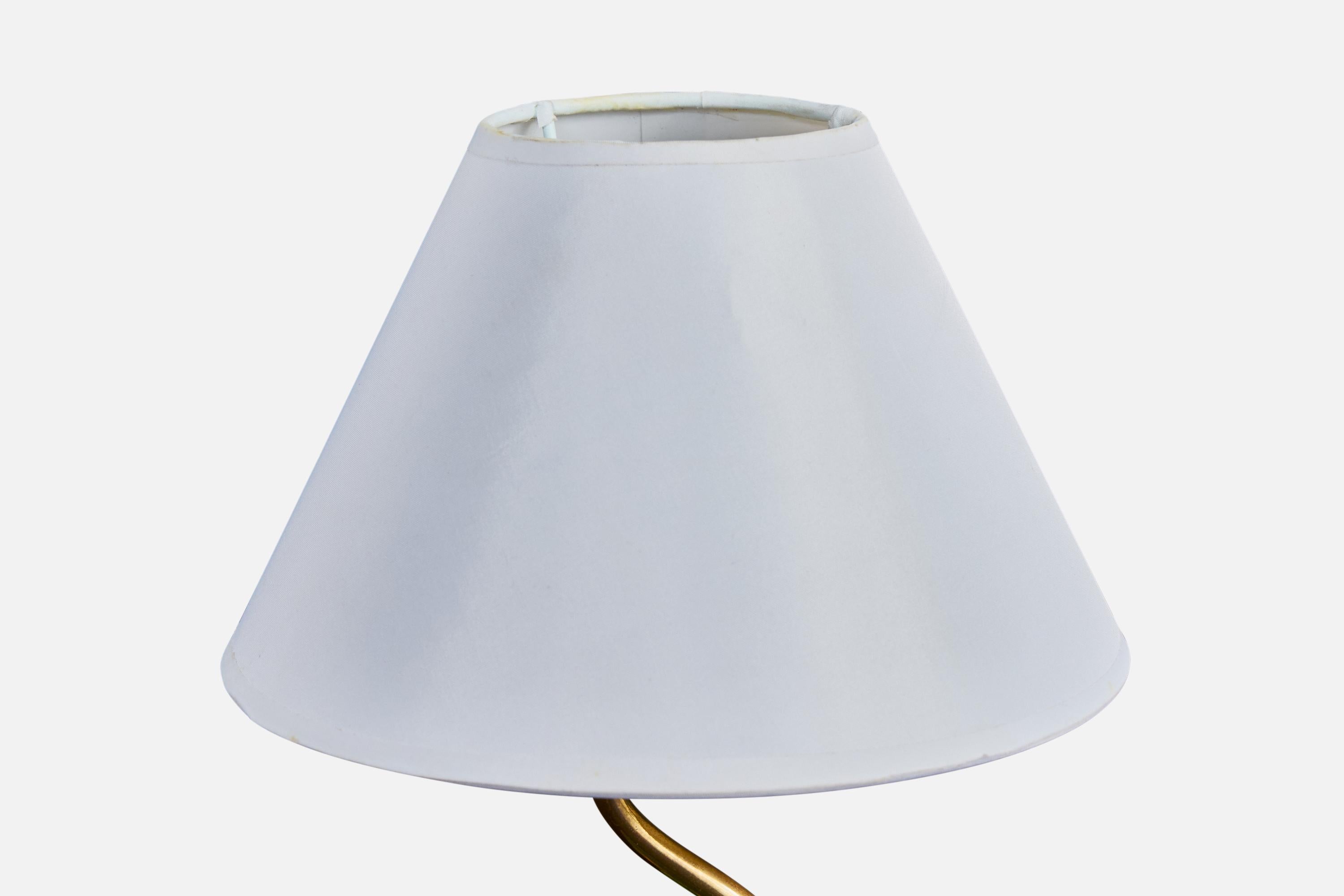 Französischer Designer, Tischlampe, Messing, Keramik, Stoff, Frankreich, 1950er Jahre (20. Jahrhundert) im Angebot
