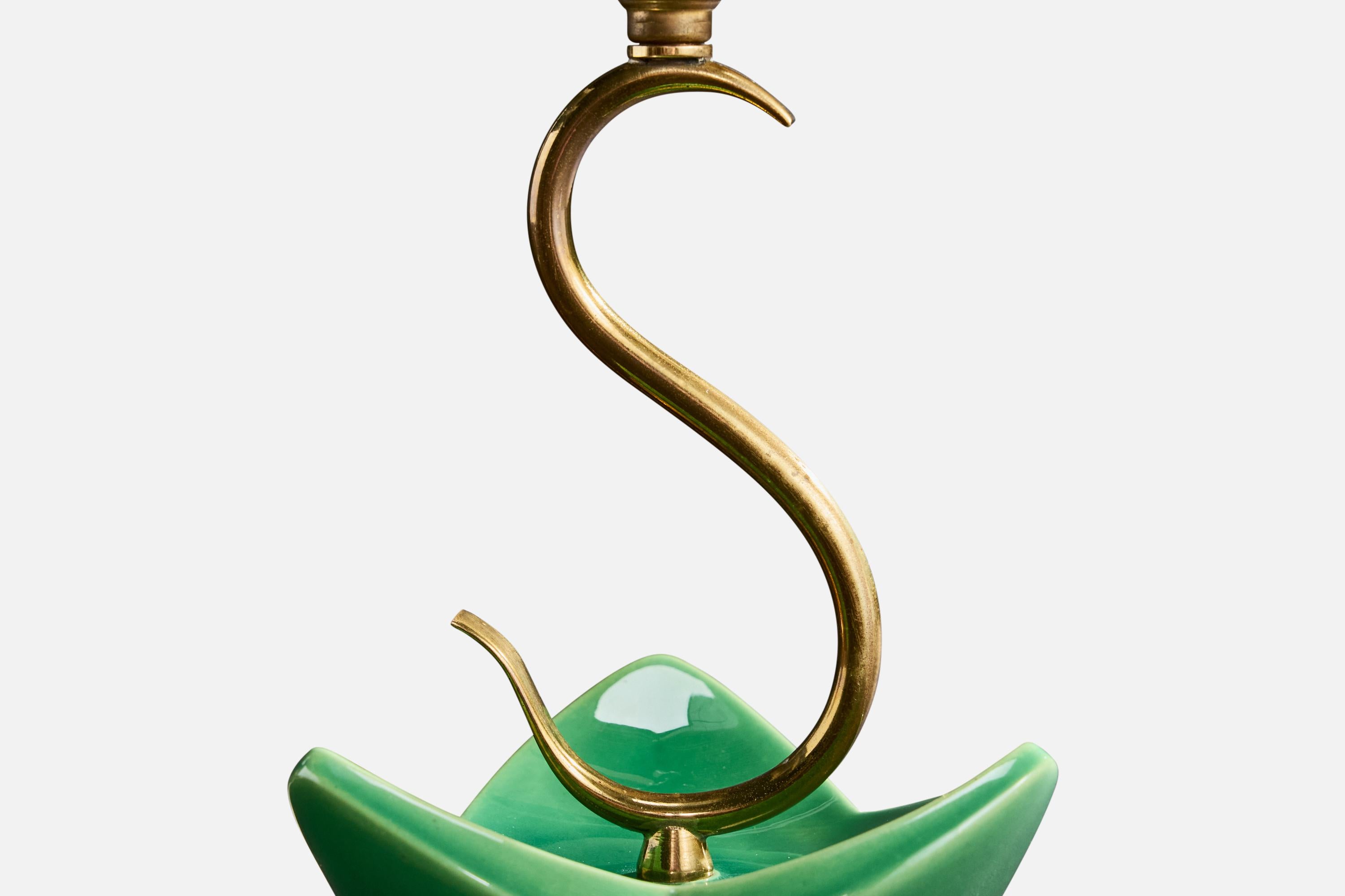 Französischer Designer, Tischlampe, Messing, Keramik, Stoff, Frankreich, 1950er Jahre im Angebot 2