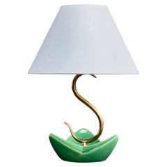 French Designer, Table Lamp, Brass, Ceramic, Fabric, France, 1950s