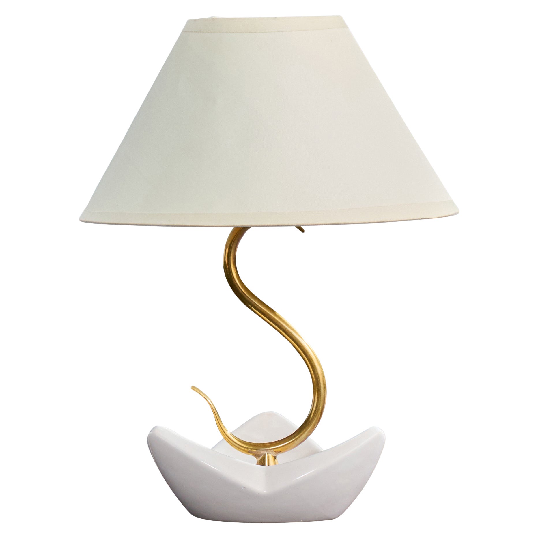 French Designer, Table Lamp, Brass, Ceramic, Fabric, France, 1950s