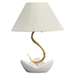 French Designer, Table Lamp, Brass, Ceramic, Fabric, France, 1950s