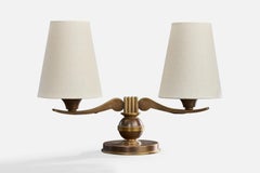 French Designer, Table Lamp, Brass, Fabric, France, 1940s