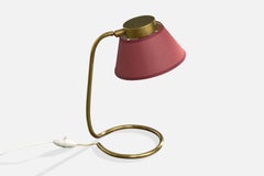 Französische Designerin, Tischlampe, Messing, Stoff, Frankreich, 1950er Jahre